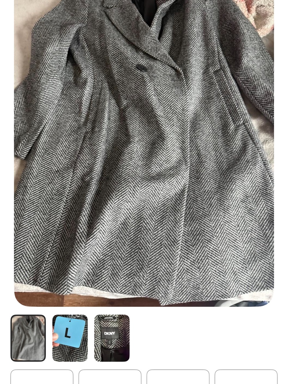 DKNY Black and White Herringbone Long Trench Coat